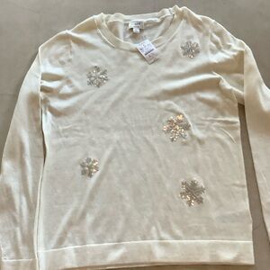 J. Crew Cream Sweater with Silver Snowflakes